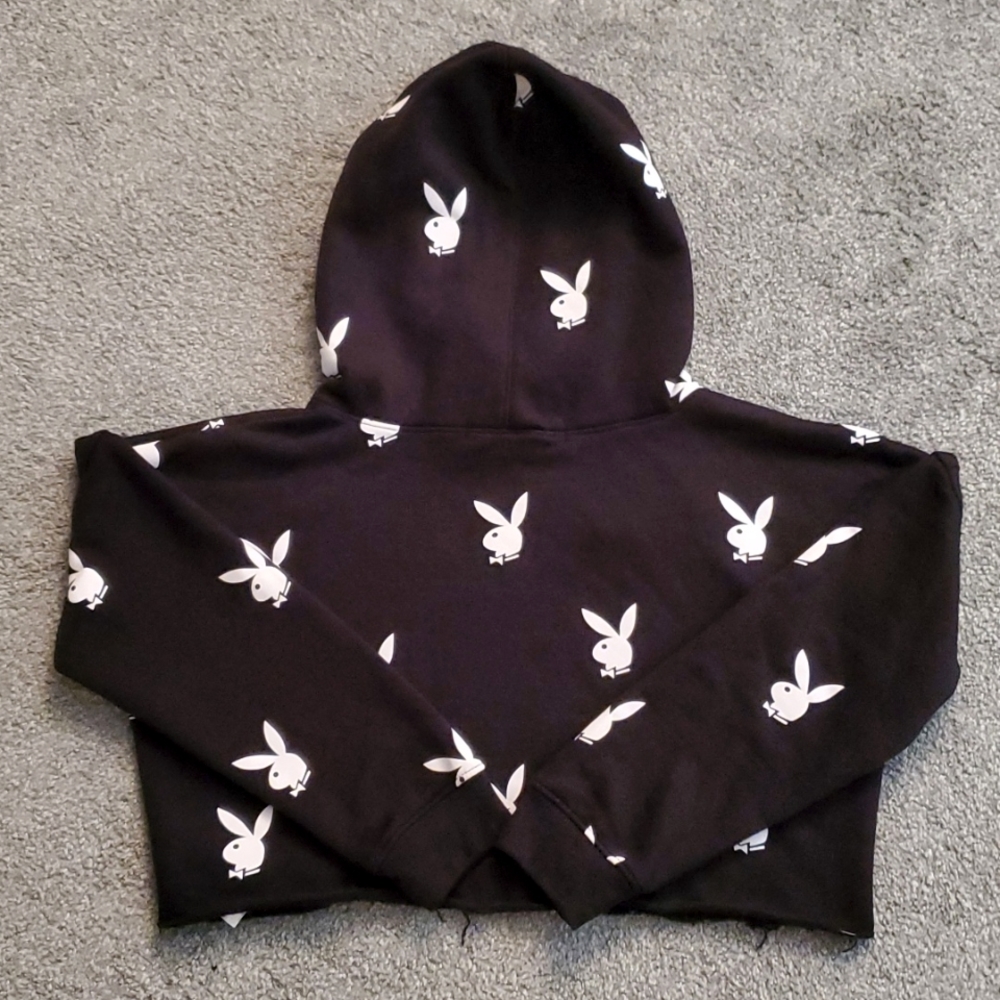Playboy X Missguided black and white bunny head cropped hoodie sz S (10) - Picture 3 of 10